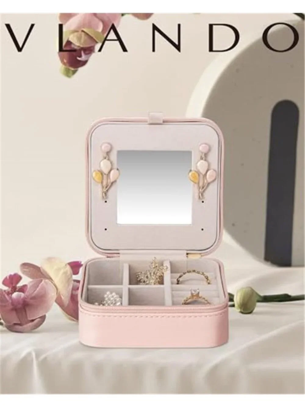 Pink Travel Jewelry Box Organizer Mirror Small Case Rings Earrings Necklace